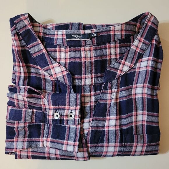 Silver Jeans Co. Navy Plaid Long Sleeve Button-Down Blouse - Picture 16 of 16